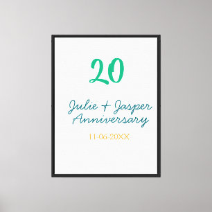 Toile nom date anniversaire 20 ans bleu vert orange