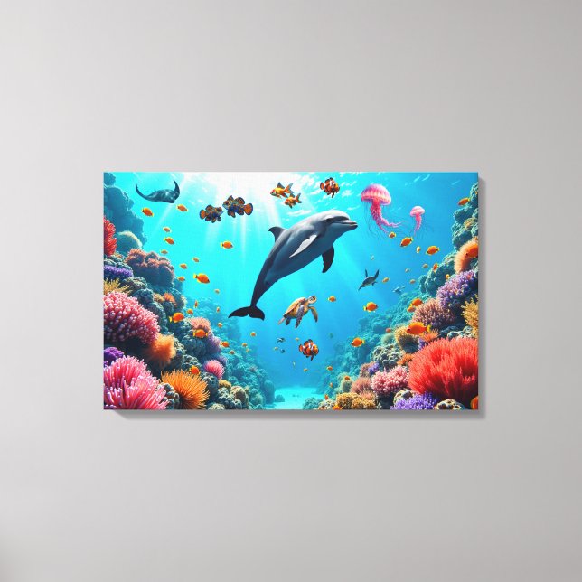 Toile Ocean Life with Dolphin and Coral Reef (Recto)