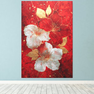 Toile Œuvre d'art murale abstraite florale dorée rouge e