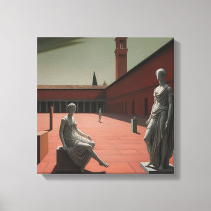 Toile Oeuvre de ton rouge métaphysique avec statues anci