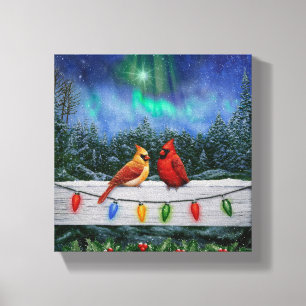 Toile Oiseaux cardinaux et lumières de Noël