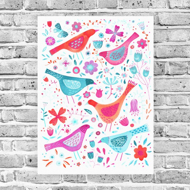 Toile Oiseaux d'aquarelle dans un jardin de fleurs peint (Watercolor birds and flowers art canvas print)