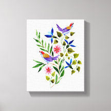 Oiseaux et fleurs de couleur vive Aquarelle