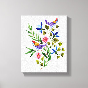 Toile Oiseaux et fleurs de couleur vive Aquarelle