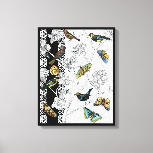 Toile Oiseaux et papillons sur un Arrière - plan noir et (Recto)