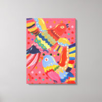 Oiseaux rose vif, Pots Colorés Art folklorique Abs