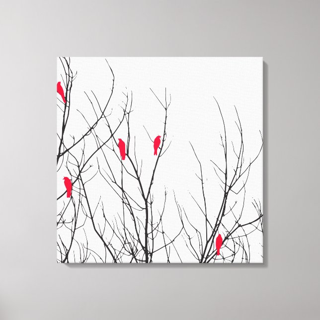 Toile Oiseaux rouges brillants sur les branches d'arbres (Recto)