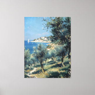 Toile Oliveraie avec village côtier et mer