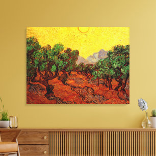 Toile Oliviers de Van Gogh avec ciel jaune et soleil