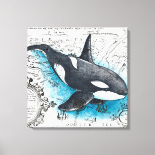 Toile Orca Baleine Bleu Aquarelle Carte Nautique