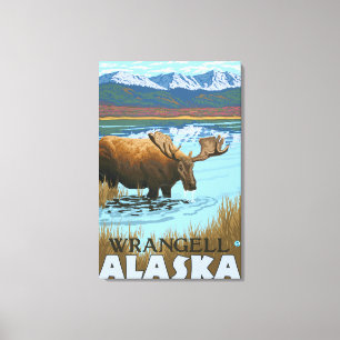 Toile Orignaux buvant au lac - Wrangell, Alaska