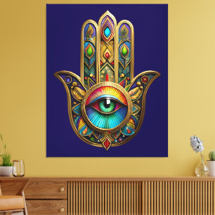 Toile Orné Hamsa Coloré Or Sur Fond Rouge Troisième Œil