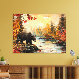 Toile Ours vintage au feuillage d'automne du Creek 32x24
