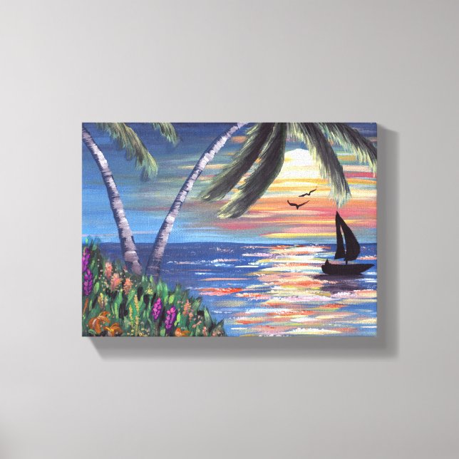 Toile Palmiers Coucher de soleil Peinture océanique (Recto)