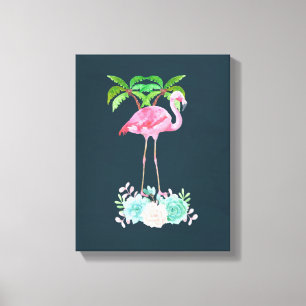 Toile Palmiers Flamants roses roses et succulents florau