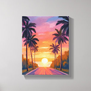 Toile Palmiers tropicaux au coucher du soleil sur la pla