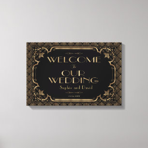 Toile Panneau de bienvenue de mariage noir Glam Gold