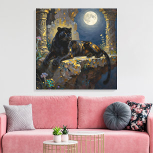 Toile Panthère noire sous la pleine lune 