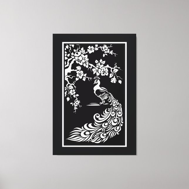 Toile Paon blanc noir et fleurs de cerisiers personnalis (Recto)