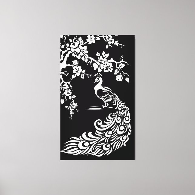 Toile Paon blanc noir et fleurs de cerisiers personnalis (Recto)
