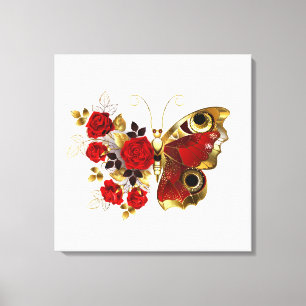Toile Papillon de fleurs rouges aux roses rouges
