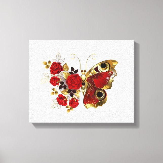 Toile Papillon de fleurs rouges aux roses rouges (Recto)