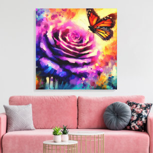 Toile Papillon monarque sur Rose violet au soleil coucha