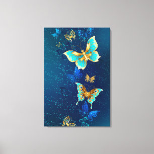 Toile Papillons d'or sur un Arrière - plan bleu