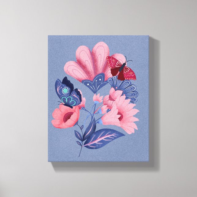 Toile Papillons floraux bleu rose Art folklorique (Recto)