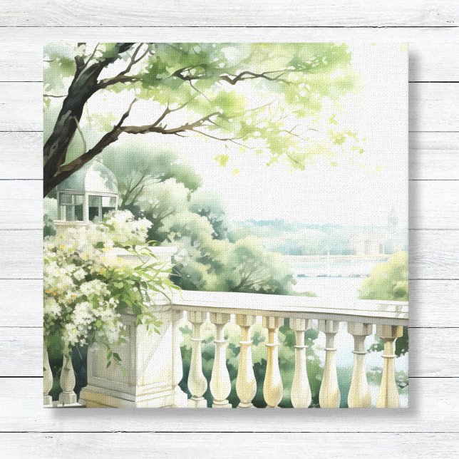 Toile Patio Gazebo Lake Vue Aquarelle Art Canvas (Patio Garden Watercolor - Lake View Wall Art Canvas - Bright White and Soft Green Willow)