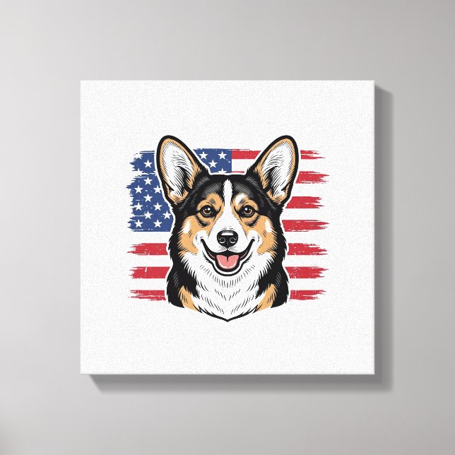 Toile Patriotic Corgi American Flag Vintage Vector Desig (Recto)