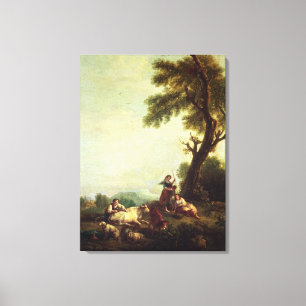 Toile Paysage avec paysans observant un troupeau de bovi