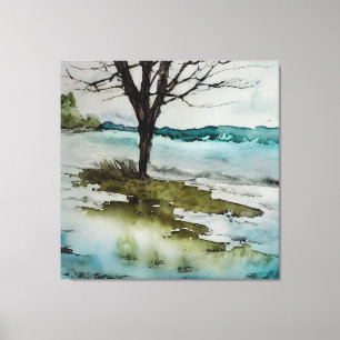 Toile Paysage d'arbre rustique et d'eau à l'aquarelle