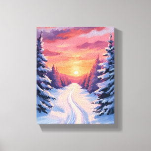 Toile Paysage de pins au coucher du soleil en hiver   Aq