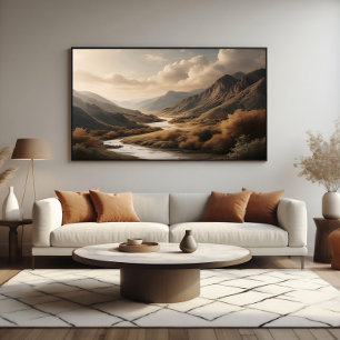 Toile Paysage de vallée de montagne à l'heure dorée