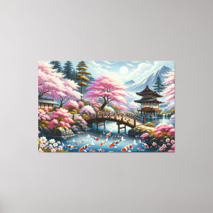 Toile Paysage japonais avec Pont, Koi et Sakura
