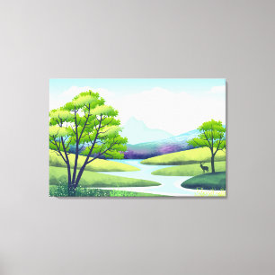 Toile Paysage naturel avec lac et cerfs