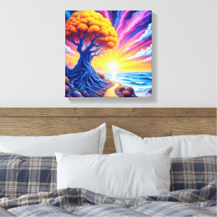Toile Paysage surréaliste du coucher de soleil d'un arbr