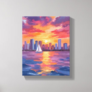 Toile Paysage urbain de ville au coucher du soleil, pein