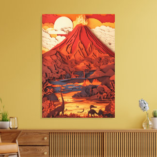 Toile Paysage volcanique préhistorique en papier découpé