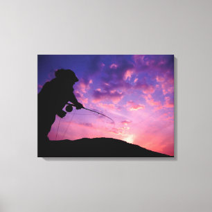 Toile Pêcher à la mouche au coucher du soleil