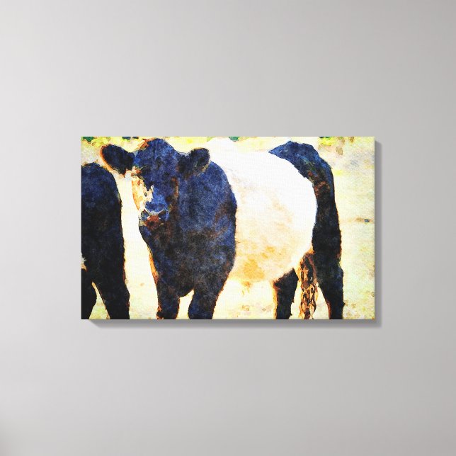 Toile Peinture à l'aquarelle de la vache Beltie Galloway (Recto)
