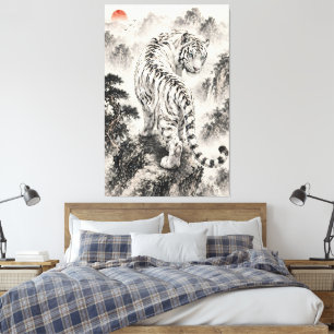 Toile Peinture à l'encre du Tigre blanc sur une falaise