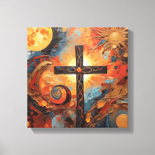 Toile Peinture Abstraite avec Lune Solaire et Croix