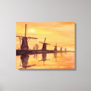 Toile Peinture aquarelle des moulins à vent au coucher d