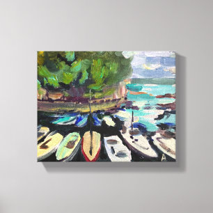 Toile Peinture classique, paysage avec des bateaux sur l