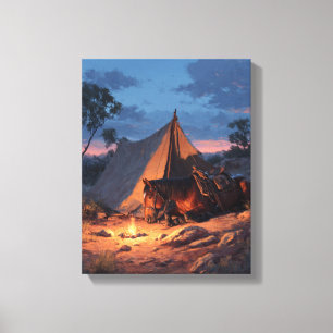 Toile Peinture de coucher de soleil sous tente avec feu