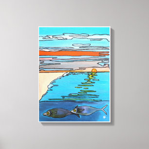 Toile Peinture Lever de soleil sur l'océan 8 bits par Al