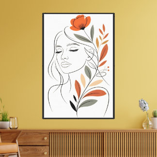 Toile Peinture murale de femme en art linéaire floral mi