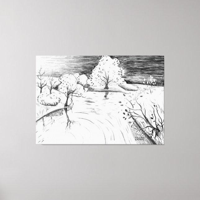 Toile Pencil dessin détente nature scène arbres rivière (Recto)